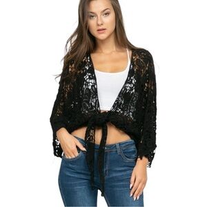 Raj Black Crochet Tie-Front Shrug